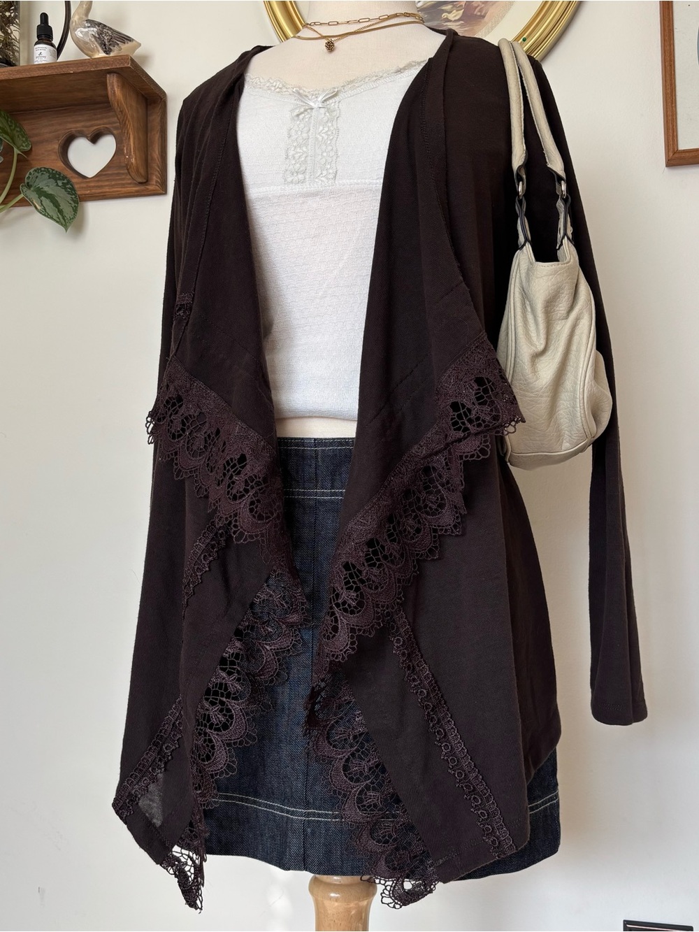 live and let live Dark Brown Lace-Trim Open Cardigan